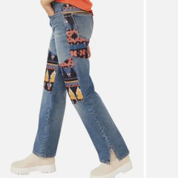 New Free People We The Free Rocky Mountain Straight Leg Alpine Patchwork Jeans - Picture 2 of 6